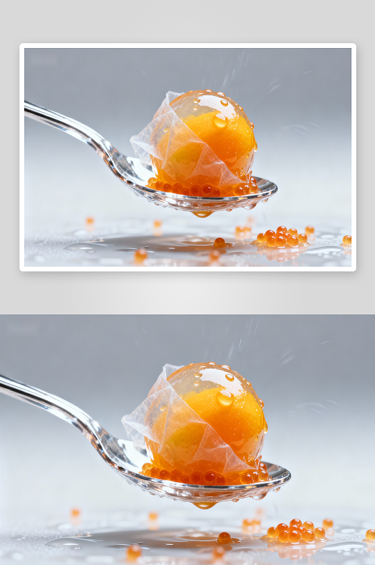 勺中橙色球状食物特写-众图网