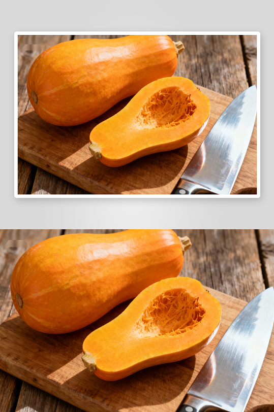 南瓜切片与刀具木质桌面-众图网