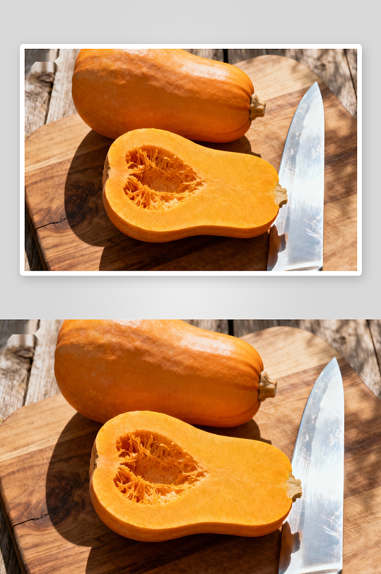南瓜切片与刀具木质砧板-众图网