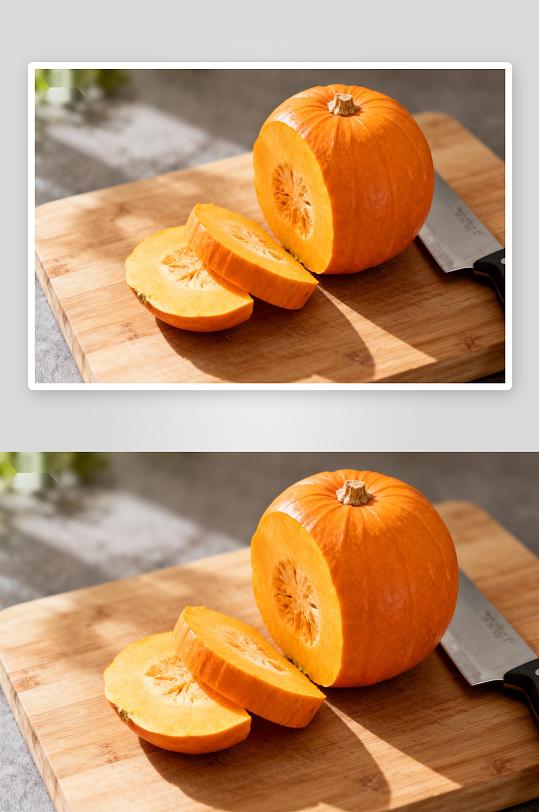 南瓜切片摆放在木质砧板上-众图网