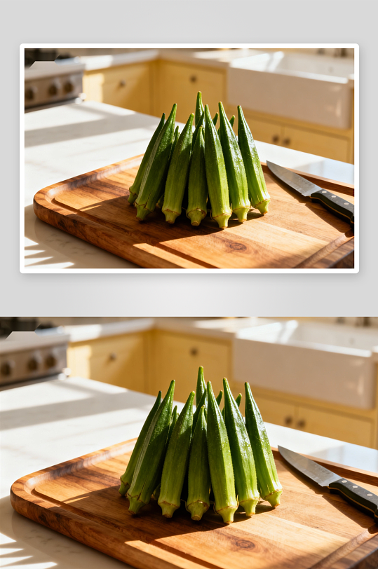 厨房切板上的秋葵与刀具-众图网