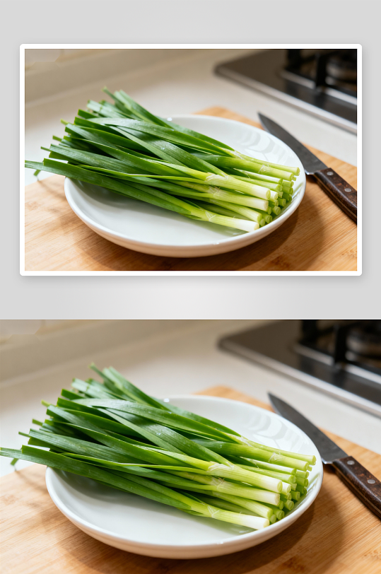 厨房切菜台上的新鲜韭菜-众图网