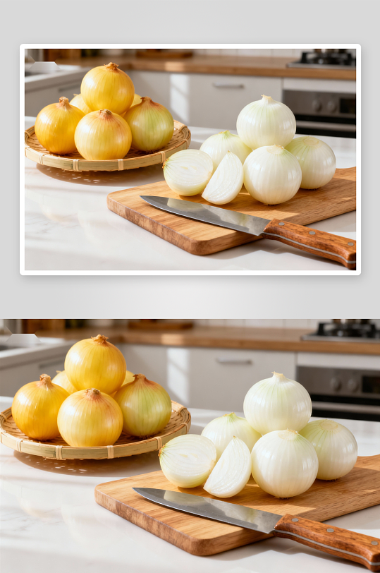 厨房切菜台上的洋葱与刀具-众图网
