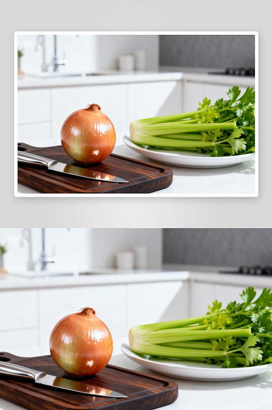 厨房切菜台上的洋葱和芹菜-众图网