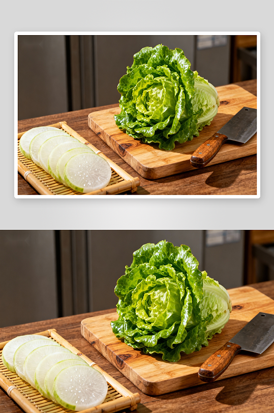 厨房切菜台上的生菜与萝卜-众图网