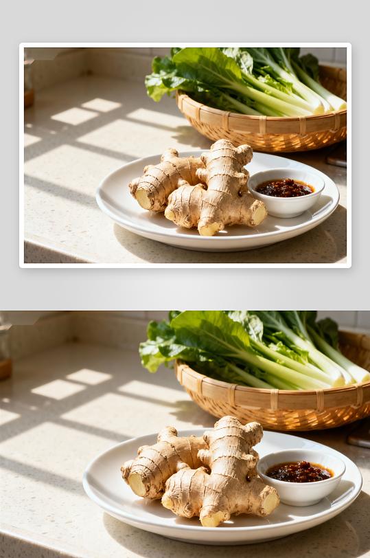 厨房台面上的姜与蔬菜-众图网