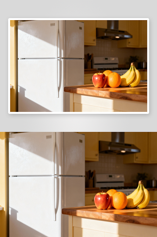 厨房台面上的水果与冰箱-众图网