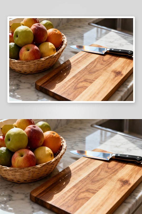 厨房台面上的水果与刀具-众图网