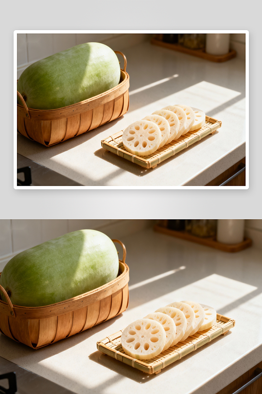 厨房台面上的瓜与藕-众图网