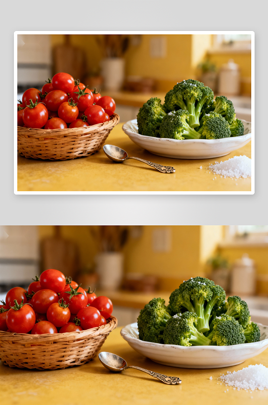 厨房台面上的番茄与西兰花-众图网