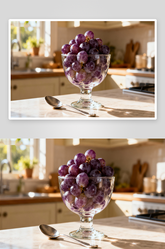 厨房台面上的紫葡萄与勺子-众图网