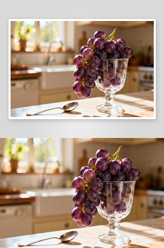 厨房台面上的紫葡萄与玻璃杯-众图网