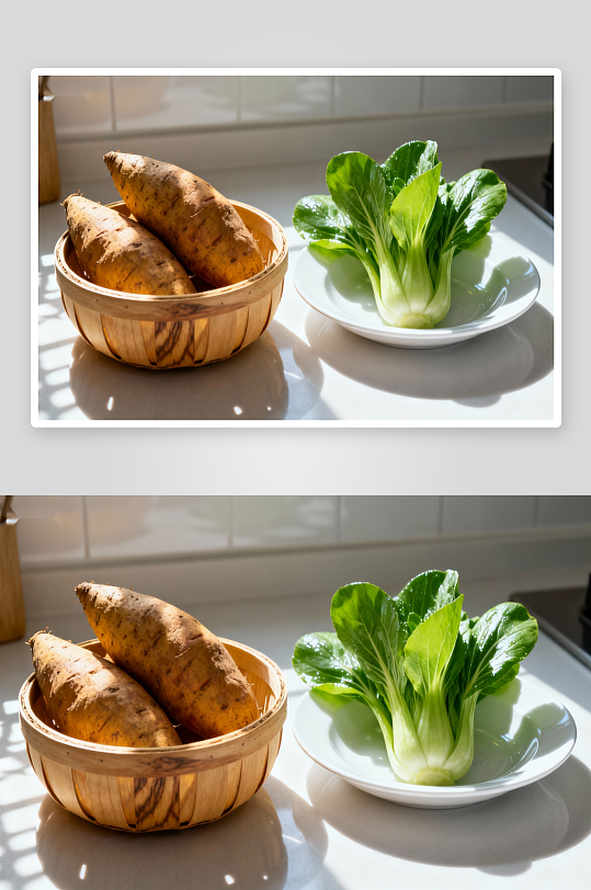 厨房台面上的红薯与青菜-众图网