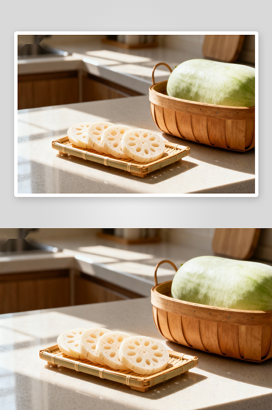 厨房台面上的莲藕与冬瓜-众图网