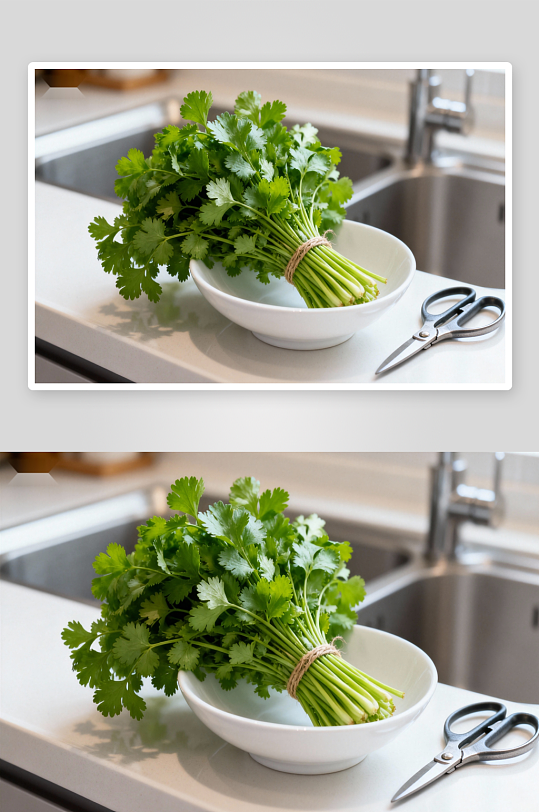 厨房台面上的香菜与剪刀-众图网