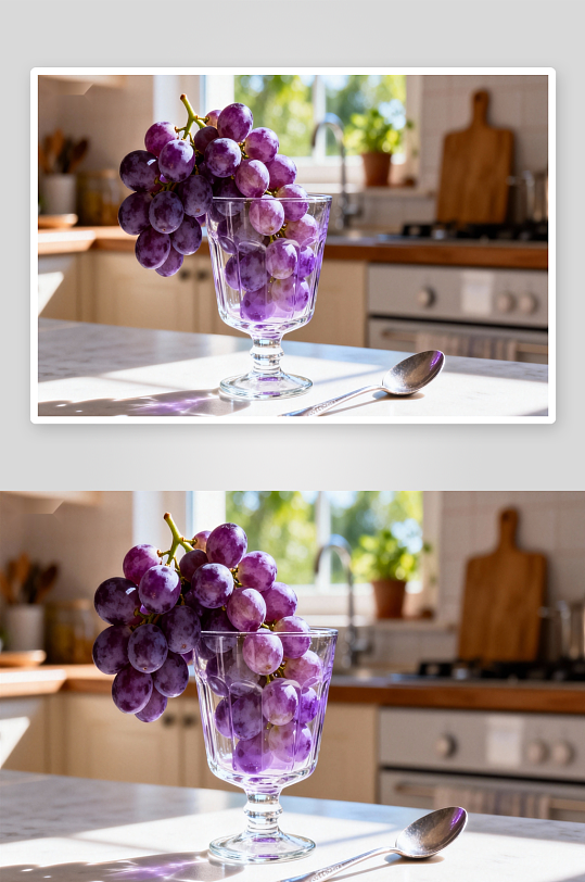 厨房台面紫葡萄与玻璃杯-众图网