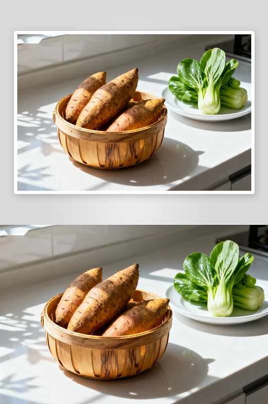 厨房台面红薯与青菜-众图网