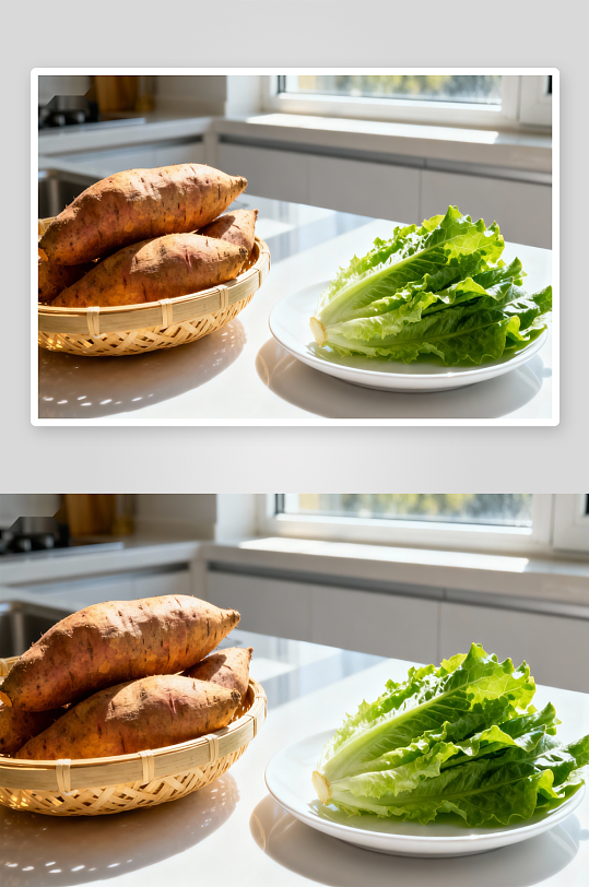 厨房台面红薯生菜静物-众图网