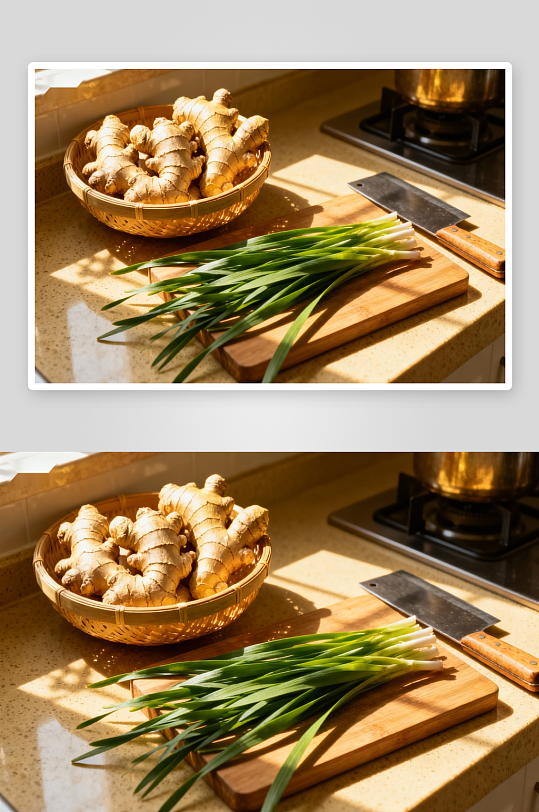 厨房备料阳光照射下的姜葱-众图网