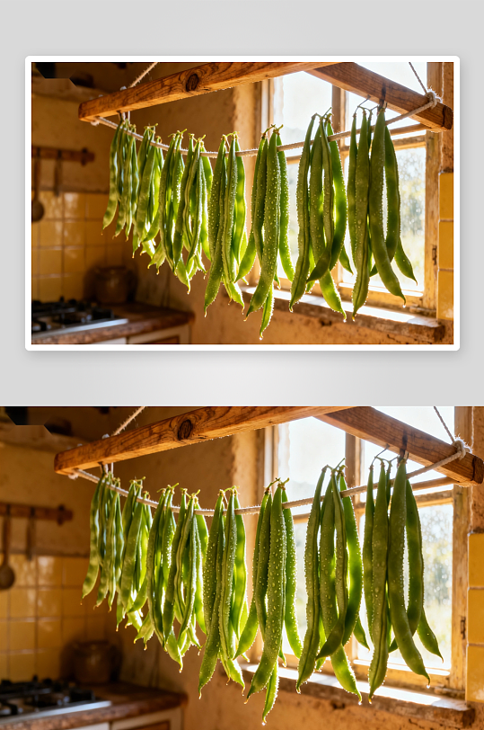 厨房悬挂晾晒的绿色豆荚-众图网