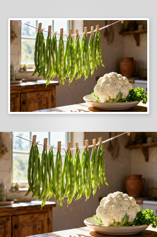 厨房悬挂豆荚与花椰菜-众图网