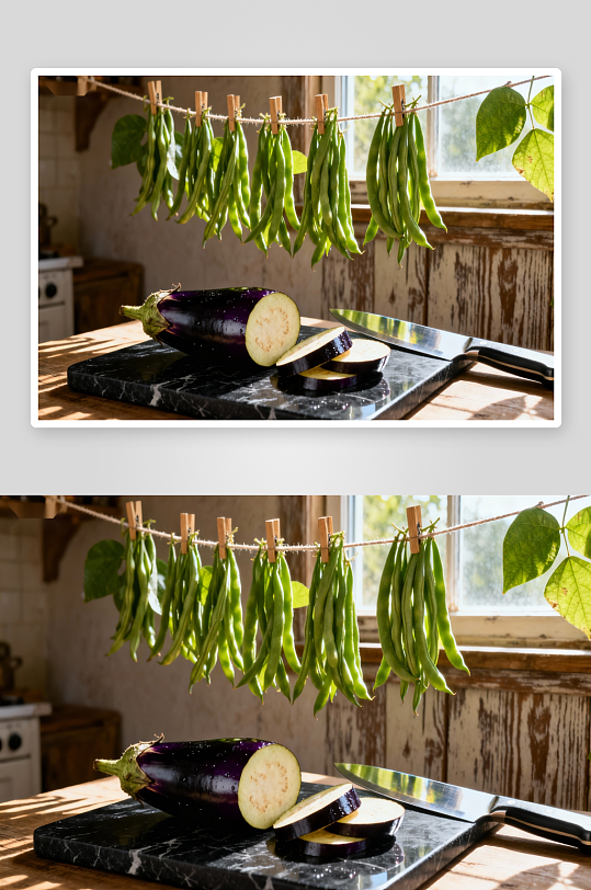 厨房悬挂豆角与切开茄子-众图网