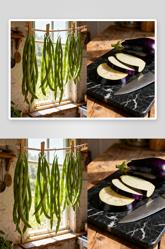 厨房悬挂豆角与切片茄子-众图网