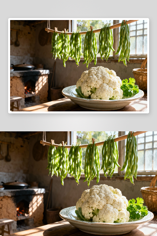 厨房悬挂豆角与盘中花椰菜-众图网