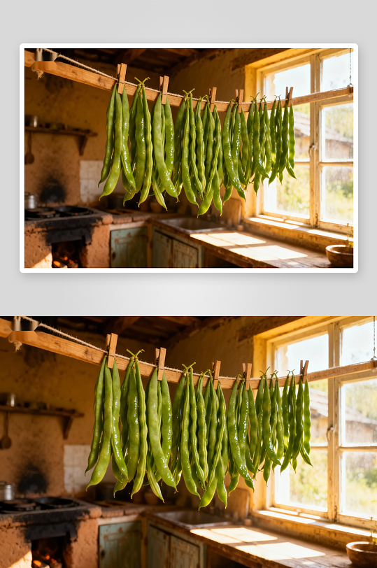 厨房晾晒新鲜豆角-众图网