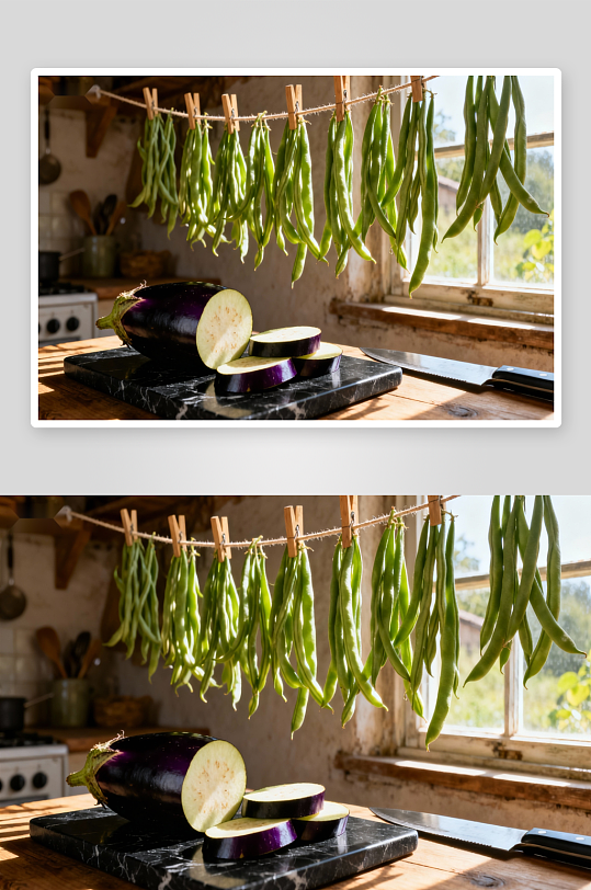 厨房晾晒豆角与切开茄子-众图网