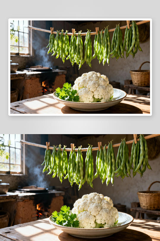 厨房晾晒豆角与花椰菜-众图网