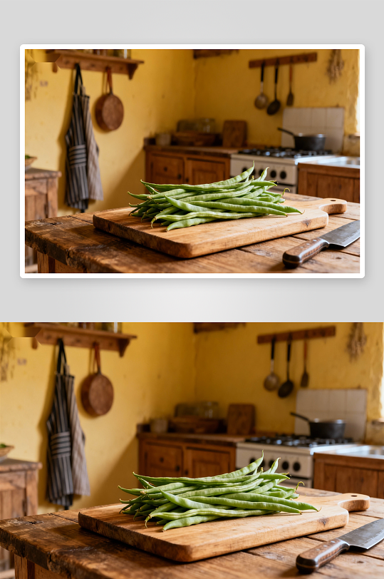 厨房木质切板上的新鲜豆角-众图网
