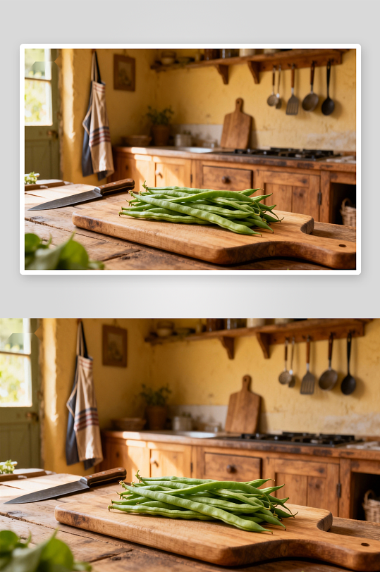 厨房木质切菜板上的四季豆-众图网