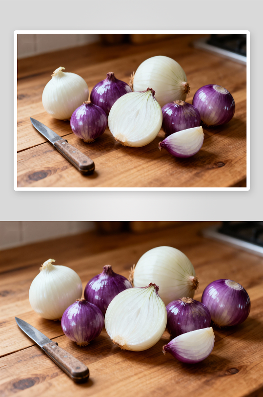 厨房木质台面上的洋葱与刀具-众图网