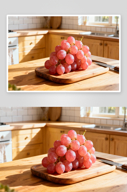 厨房木质台面上的粉葡萄-众图网