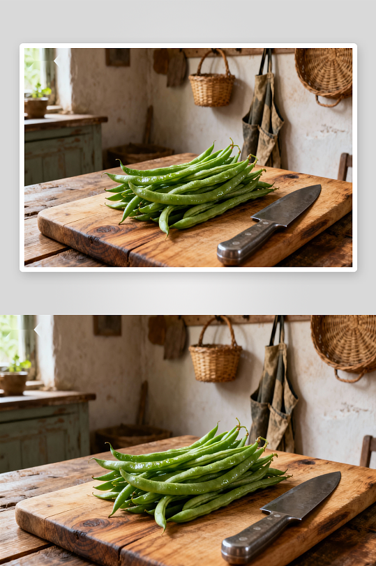 厨房木质桌上豆角与刀具-众图网