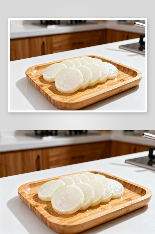 厨房木质盘中摆放的萝卜片-众图网