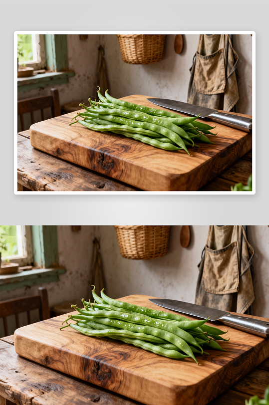 厨房木质砧板上的新鲜豆角-众图网