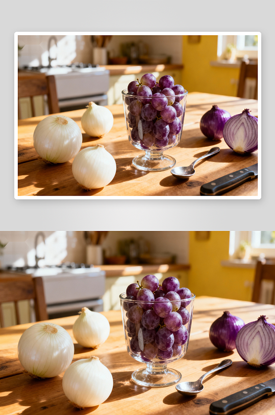 厨房桌上摆放的洋葱葡萄-众图网