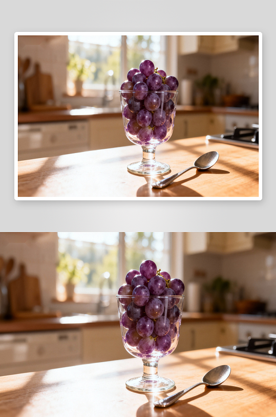 厨房桌上的紫葡萄与勺子-众图网