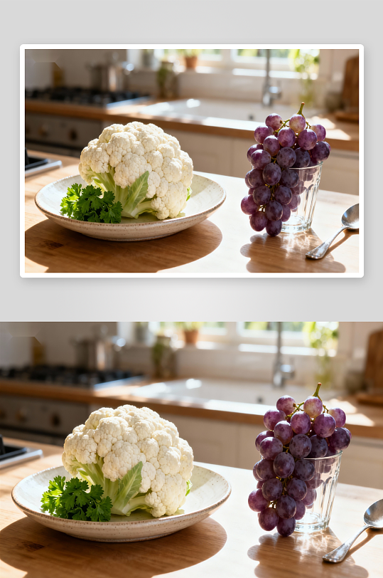 厨房桌上的花椰菜与葡萄-众图网