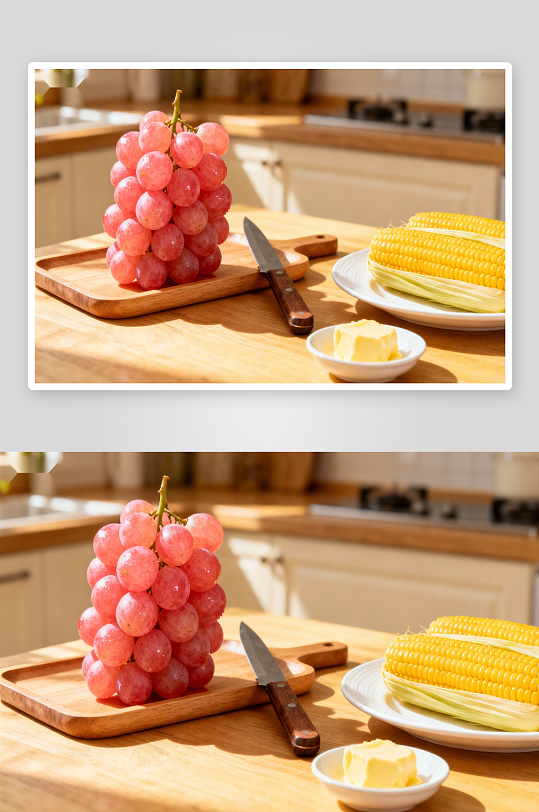 厨房桌上的葡萄玉米与黄油-众图网
