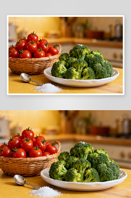 厨房桌上的西兰花与番茄-众图网