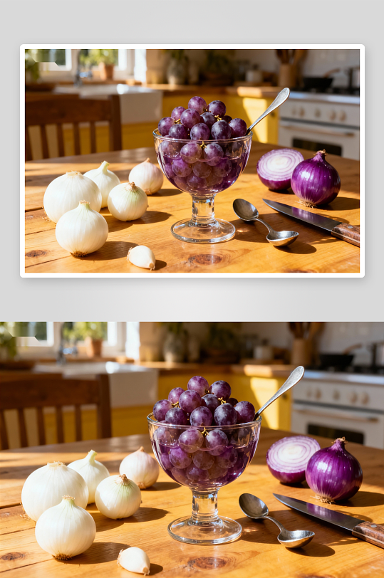 厨房桌上葡萄洋葱静物-众图网