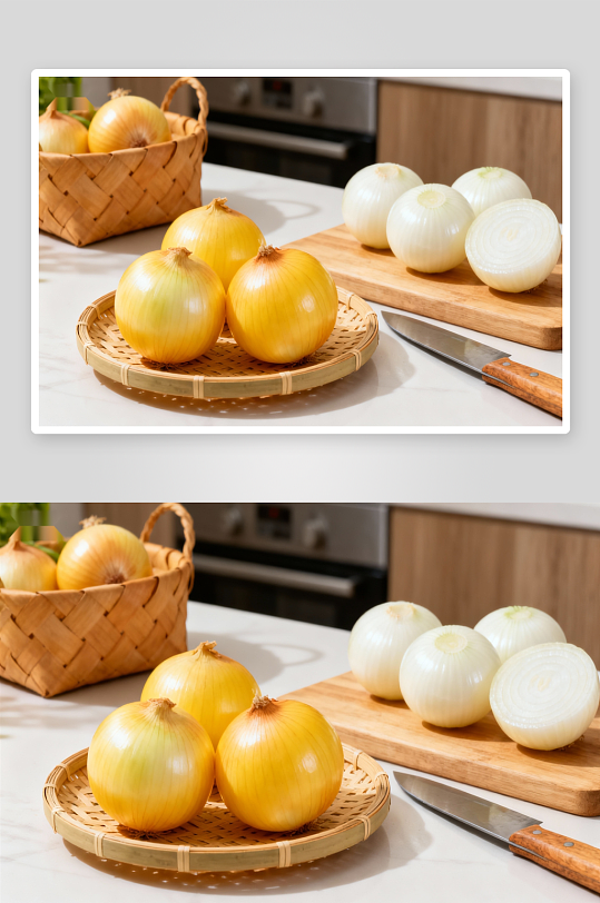 厨房洋葱摆放与切片准备-众图网