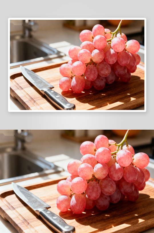 厨房砧板上的粉红葡萄-众图网