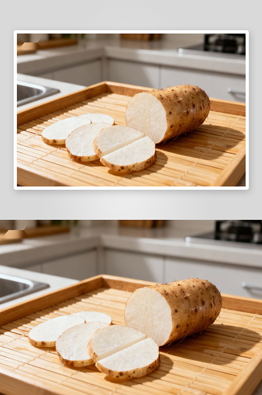 厨房竹盘上的山药切片-众图网