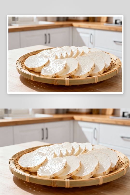 厨房竹篮摆放切片食材-众图网