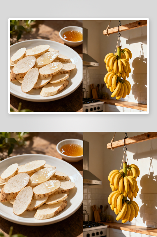 厨房美食与香蕉悬挂展示-众图网