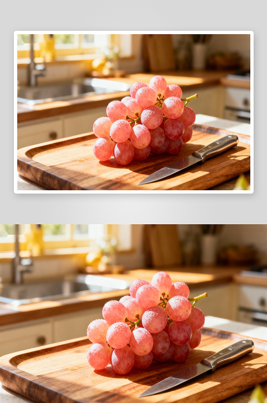 厨房阳光下切板上的葡萄-众图网